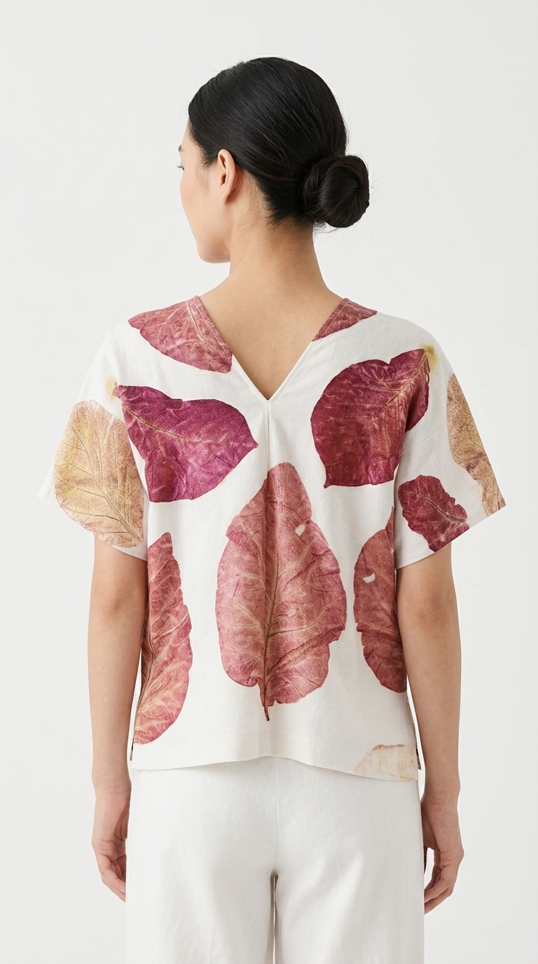 เสื้อเบลาส์คอวีแขนสั้น ผ้าฝ้ายพิมพ์ลายพฤกษาธรรมชาติ (Eco-Printed Botanical V-Neck Blouse) - Image 4