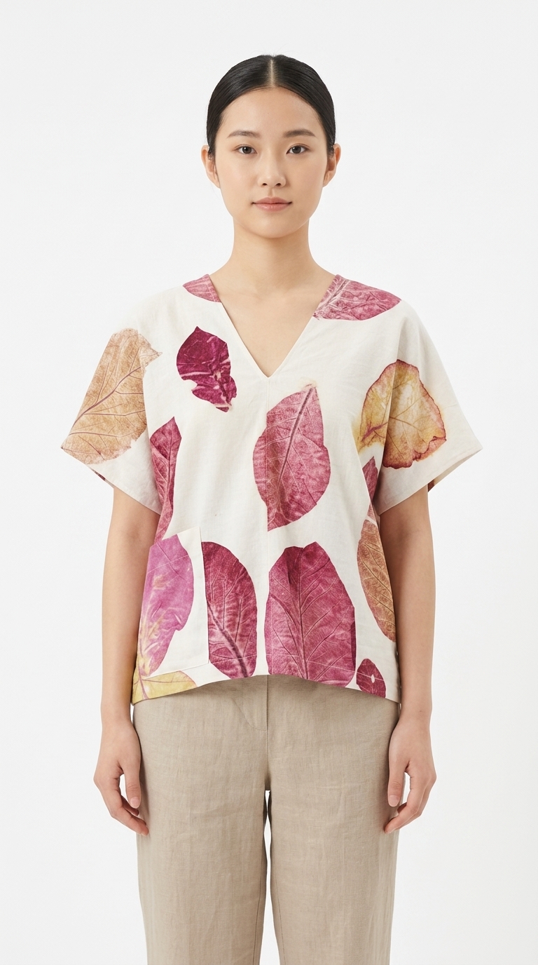 เสื้อเบลาส์คอวีแขนสั้น ผ้าฝ้ายพิมพ์ลายพฤกษาธรรมชาติ (Eco-Printed Botanical V-Neck Blouse) - Image 2