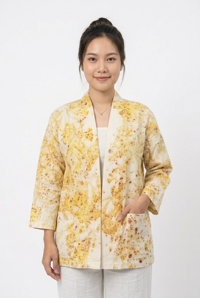 เสื้อคลุมกิโมโนผ้าฝ้ายพิมพ์ลายพฤกษาธรรมชาติสีมัสตาร์ด (Eco-Printed Botanical Golden Kimono Jacket) - Image 2