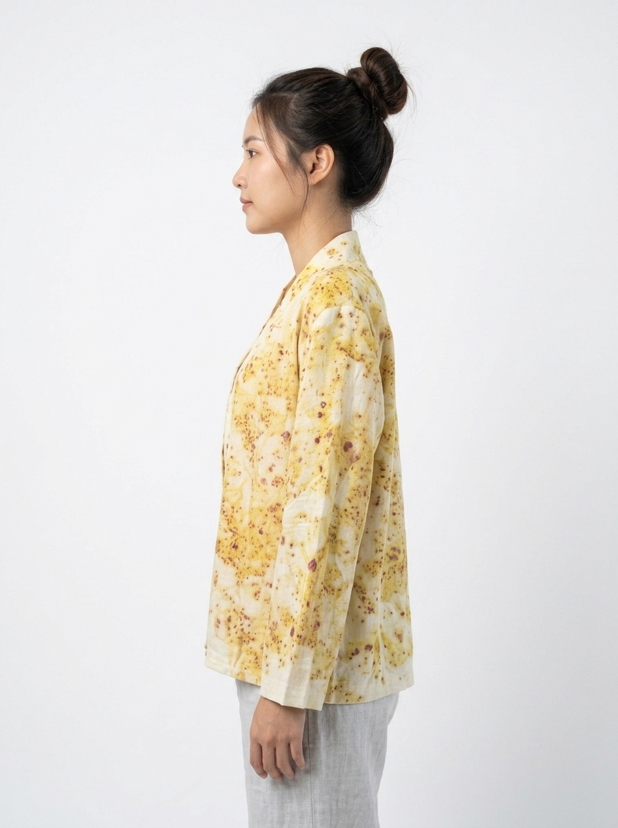 เสื้อคลุมกิโมโนผ้าฝ้ายพิมพ์ลายพฤกษาธรรมชาติสีมัสตาร์ด (Eco-Printed Botanical Golden Kimono Jacket) - Image 3