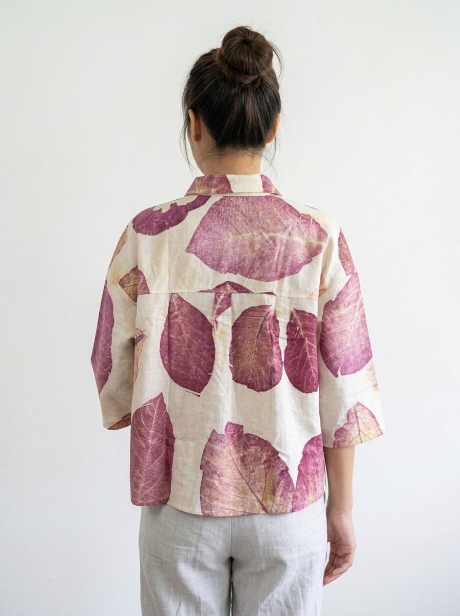 เสื้อเชิ้ตคอปกแขนสามส่วน ผ้าฝ้ายพิมพ์ลายพฤกษาธรรมชาติ (Eco-Printed Botanical Shirt) - Image 4