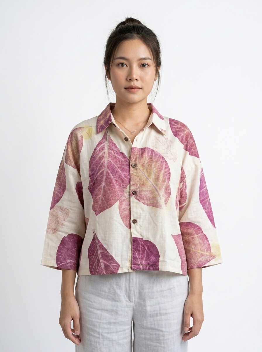 เสื้อเชิ้ตคอปกแขนสามส่วน ผ้าฝ้ายพิมพ์ลายพฤกษาธรรมชาติ (Eco-Printed Botanical Shirt) - Image 2