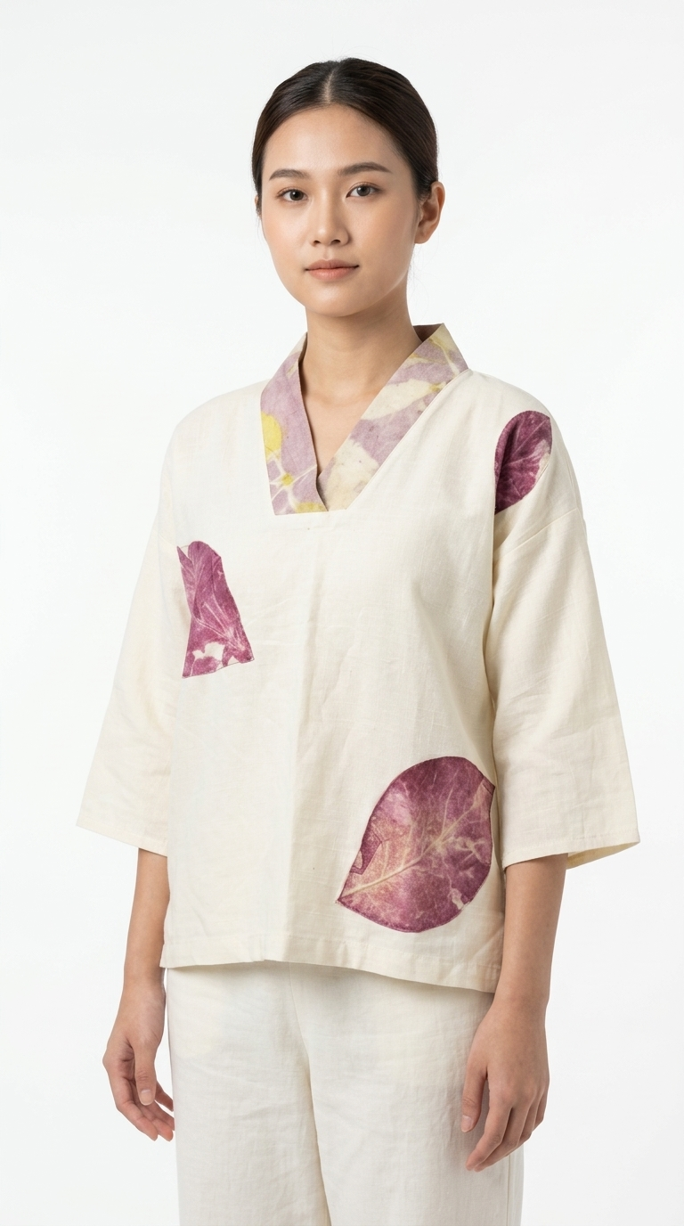 เสื้อคอปกกิโมโนผ้าฝ้ายพิมพ์ลายพฤกษาธรรมชาติตกแต่งลายใบไม้สีม่วงเบอร์กันดี (Eco-Printed Purple Leaf Kimono Collar Blouse)