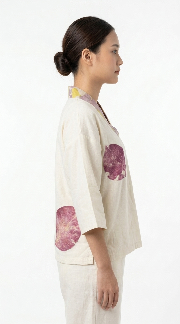 เสื้อคอปกกิโมโนผ้าฝ้ายพิมพ์ลายพฤกษาธรรมชาติตกแต่งลายใบไม้สีม่วงเบอร์กันดี (Eco-Printed Purple Leaf Kimono Collar Blouse) - Image 2
