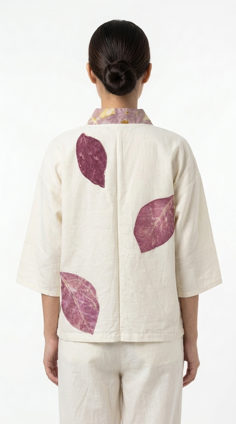 เสื้อคอปกกิโมโนผ้าฝ้ายพิมพ์ลายพฤกษาธรรมชาติตกแต่งลายใบไม้สีม่วงเบอร์กันดี (Eco-Printed Purple Leaf Kimono Collar Blouse) - Image 3