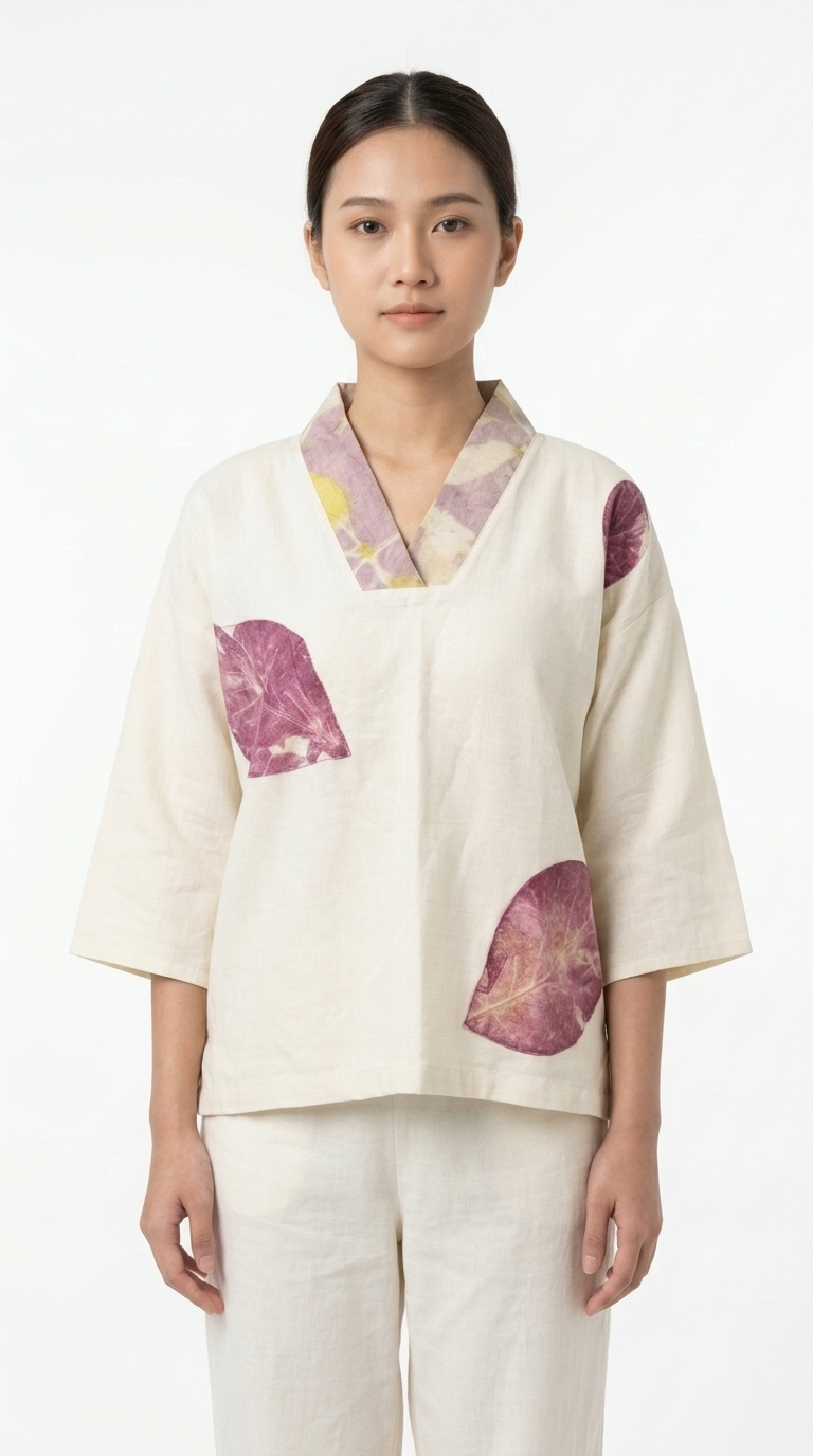 เสื้อคอปกกิโมโนผ้าฝ้ายพิมพ์ลายพฤกษาธรรมชาติตกแต่งลายใบไม้สีม่วงเบอร์กันดี (Eco-Printed Purple Leaf Kimono Collar Blouse) - Image 4