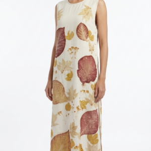 ชุดเดรสยาวแขนกุดผ้าฝ้ายพิมพ์ลายพฤกษาธรรมชาติผ่าข้างแต่งกระดุม (Eco-Printed Botanical Side-Button Sleeveless Maxi Dress)