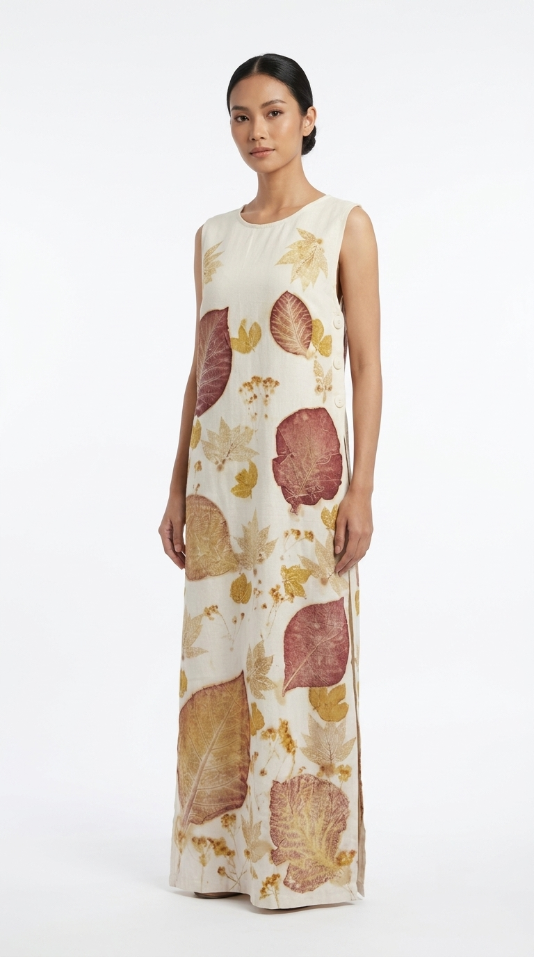 ชุดเดรสยาวแขนกุดผ้าฝ้ายพิมพ์ลายพฤกษาธรรมชาติผ่าข้างแต่งกระดุม (Eco-Printed Botanical Side-Button Sleeveless Maxi Dress)