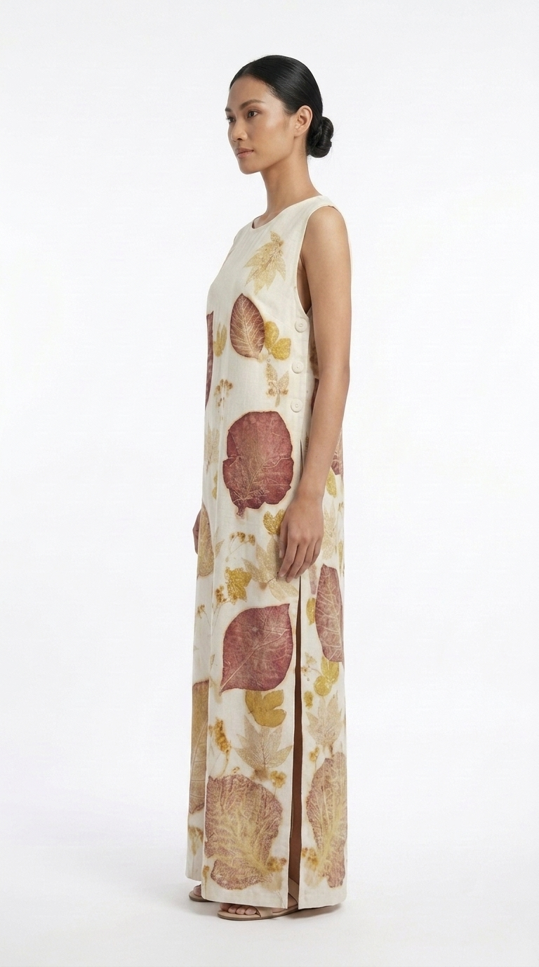 ชุดเดรสยาวแขนกุดผ้าฝ้ายพิมพ์ลายพฤกษาธรรมชาติผ่าข้างแต่งกระดุม (Eco-Printed Botanical Side-Button Sleeveless Maxi Dress) - Image 2