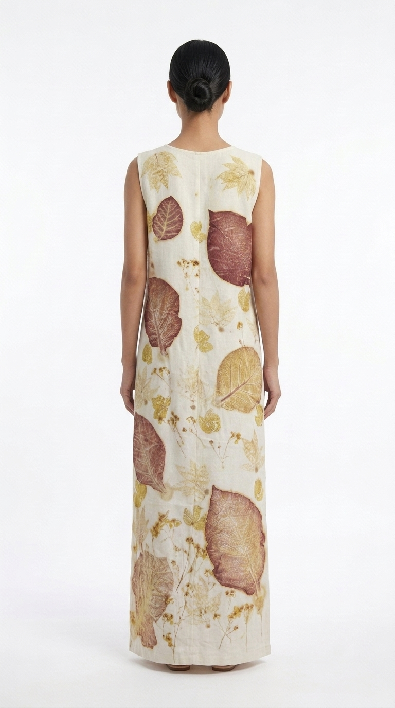ชุดเดรสยาวแขนกุดผ้าฝ้ายพิมพ์ลายพฤกษาธรรมชาติผ่าข้างแต่งกระดุม (Eco-Printed Botanical Side-Button Sleeveless Maxi Dress) - Image 3