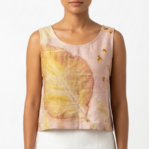 เสื้อครอปแขนกุดผ้าลินินพิมพ์ลายพฤกษาธรรมชาติสีชมพูพาสเทล (Eco-Printed Golden Leaf Blush Pink Linen Crop Top)
