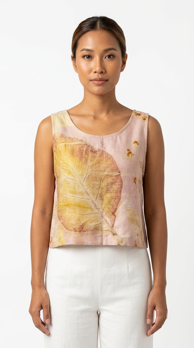 เสื้อครอปแขนกุดผ้าลินินพิมพ์ลายพฤกษาธรรมชาติสีชมพูพาสเทล (Eco-Printed Golden Leaf Blush Pink Linen Crop Top)