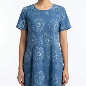 ชุดเดรสทรงเอผ้าย้อมครามพิมพ์ลายดวงอาทิตย์ปาเต๊ะ (Indigo Sunburst Batik A-Line Dress)