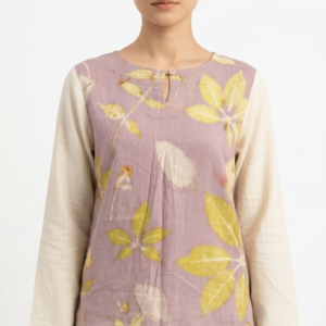 เสื้อเบลาส์คอกลมแขนยาวตัดต่อผ้าพิมพ์ลายพฤกษาธรรมชาติตกแต่งหยดน้ำ (Eco-Printed Lavender Leaf Patchwork Blouse)