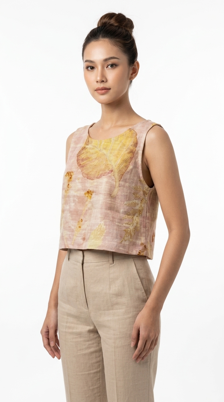 เสื้อครอปสายเดี่ยวผ้าลินินพิมพ์ลายใบไม้ธรรมชาติ (Eco-Print Botanical Linen Crop Top)