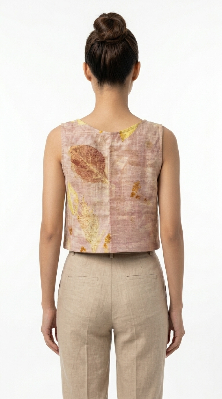 เสื้อครอปสายเดี่ยวผ้าลินินพิมพ์ลายใบไม้ธรรมชาติ (Eco-Print Botanical Linen Crop Top) - Image 2