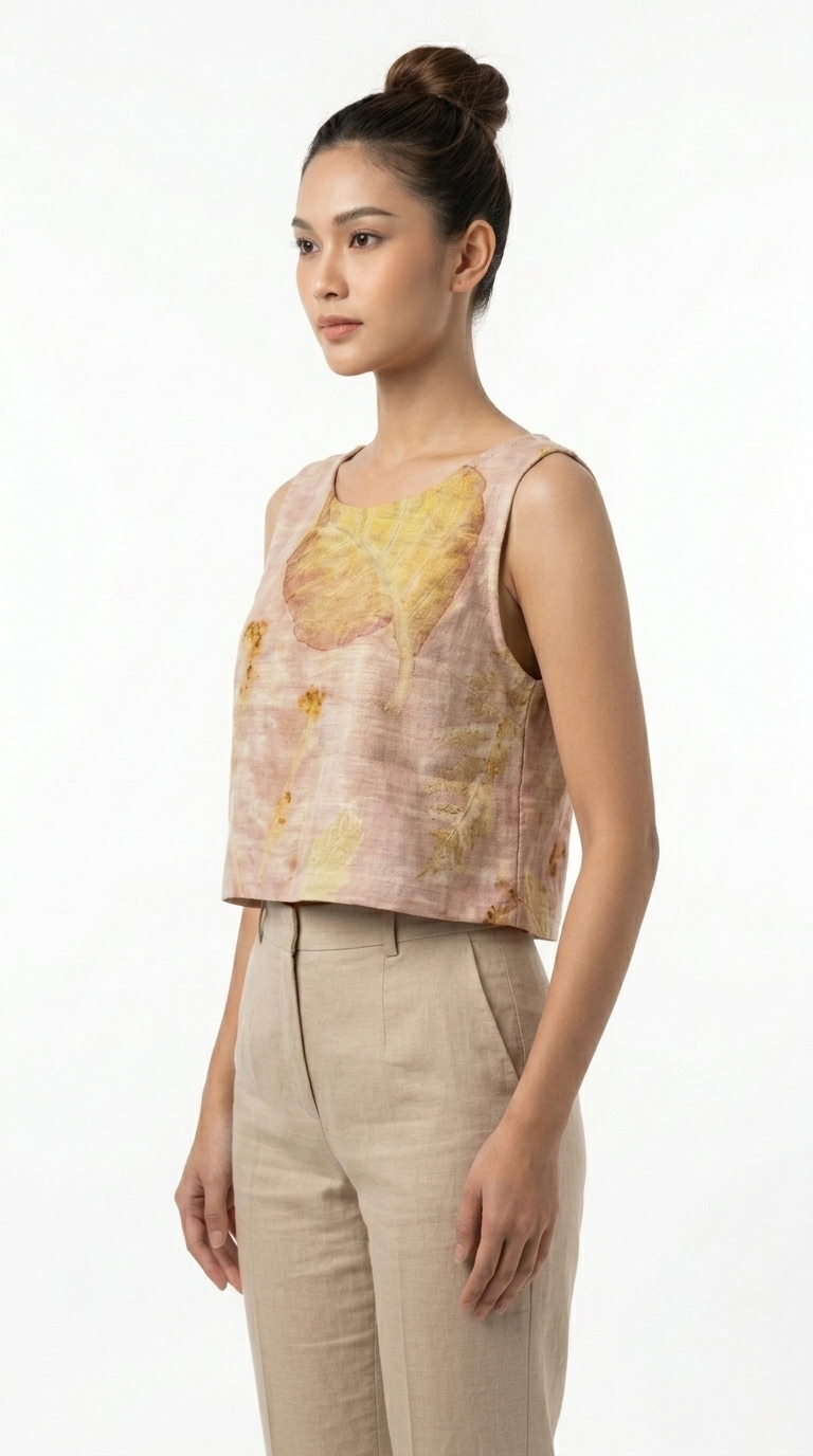 เสื้อครอปสายเดี่ยวผ้าลินินพิมพ์ลายใบไม้ธรรมชาติ (Eco-Print Botanical Linen Crop Top) - Image 3