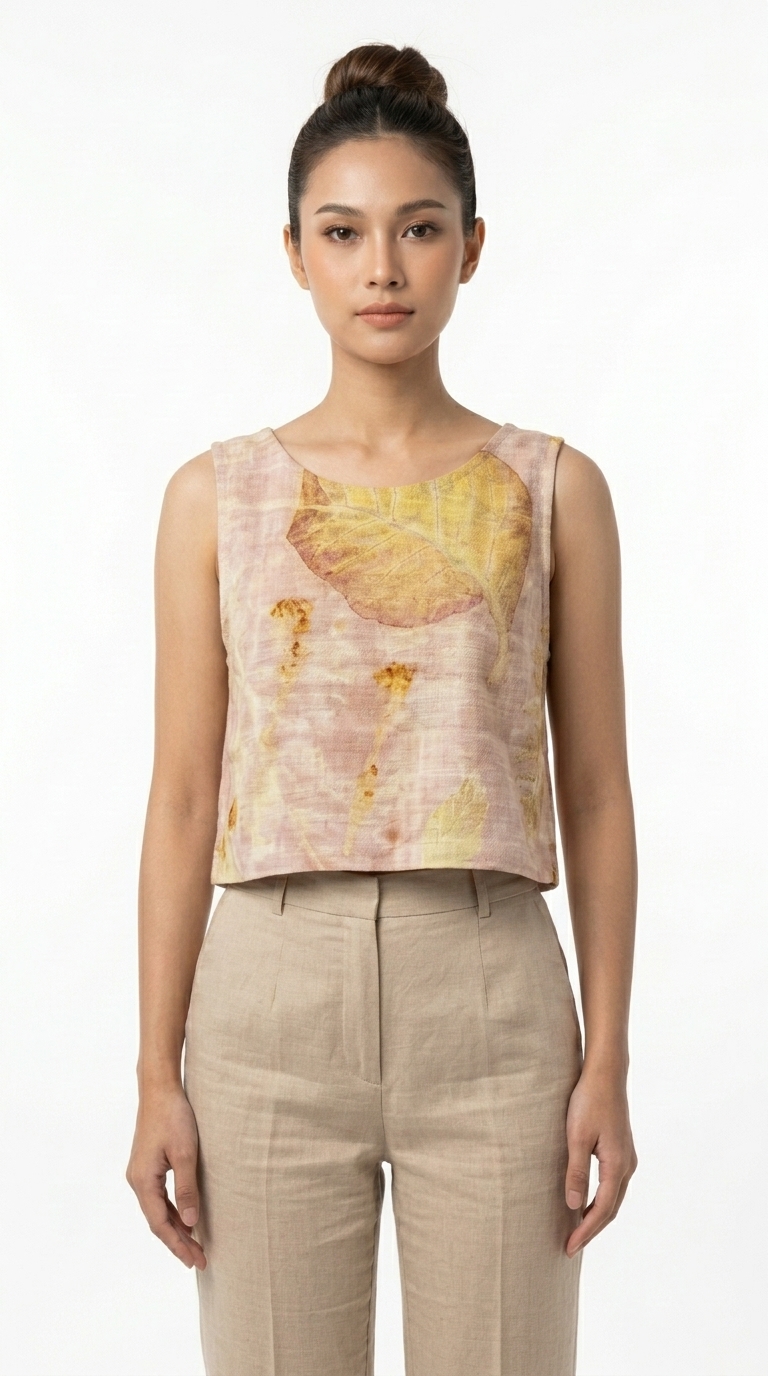 เสื้อครอปสายเดี่ยวผ้าลินินพิมพ์ลายใบไม้ธรรมชาติ (Eco-Print Botanical Linen Crop Top) - Image 4