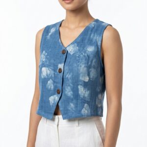 เสื้อกั๊กครอปผ้าย้อมครามธรรมชาติ (Natural Indigo Shibori Linen Vest)