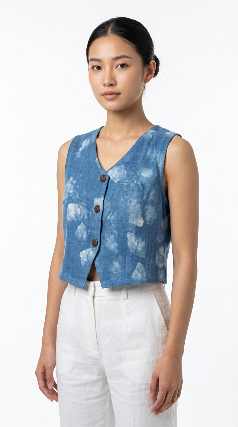 เสื้อกั๊กครอปผ้าย้อมครามธรรมชาติ (Natural Indigo Shibori Linen Vest)