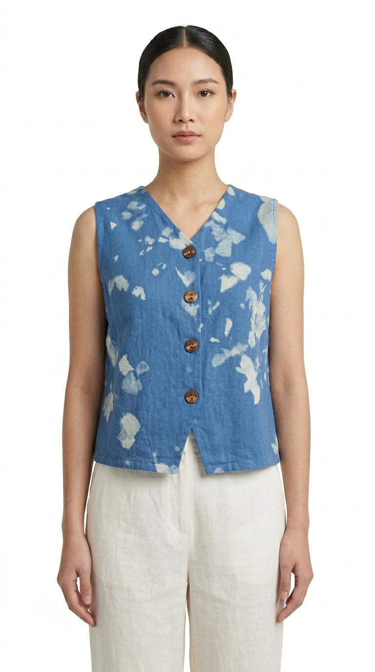 เสื้อกั๊กครอปผ้าย้อมครามธรรมชาติ (Natural Indigo Shibori Linen Vest) - Image 4