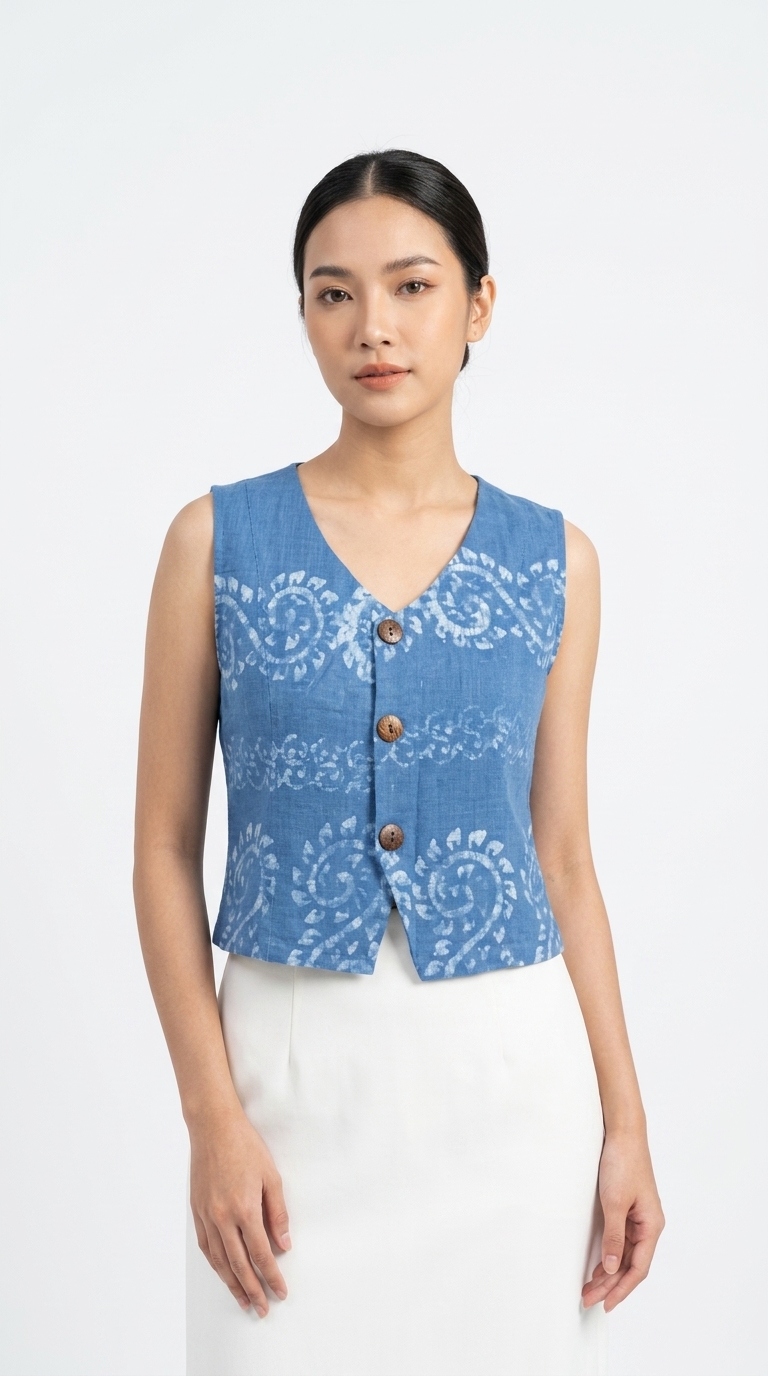 เสื้อกั๊กครอปผ้าย้อมครามพิมพ์ลายปาเต๊ะโบราณ (Indigo Batik Print Linen Vest)