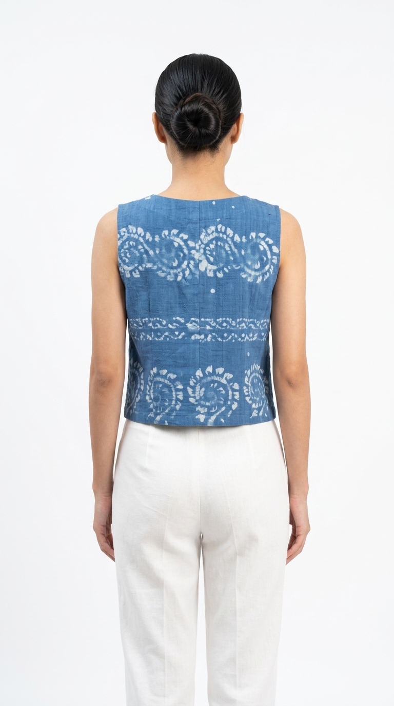 เสื้อกั๊กครอปผ้าย้อมครามพิมพ์ลายปาเต๊ะโบราณ (Indigo Batik Print Linen Vest) - Image 2