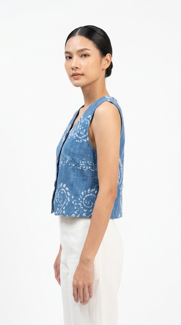 เสื้อกั๊กครอปผ้าย้อมครามพิมพ์ลายปาเต๊ะโบราณ (Indigo Batik Print Linen Vest) - Image 3