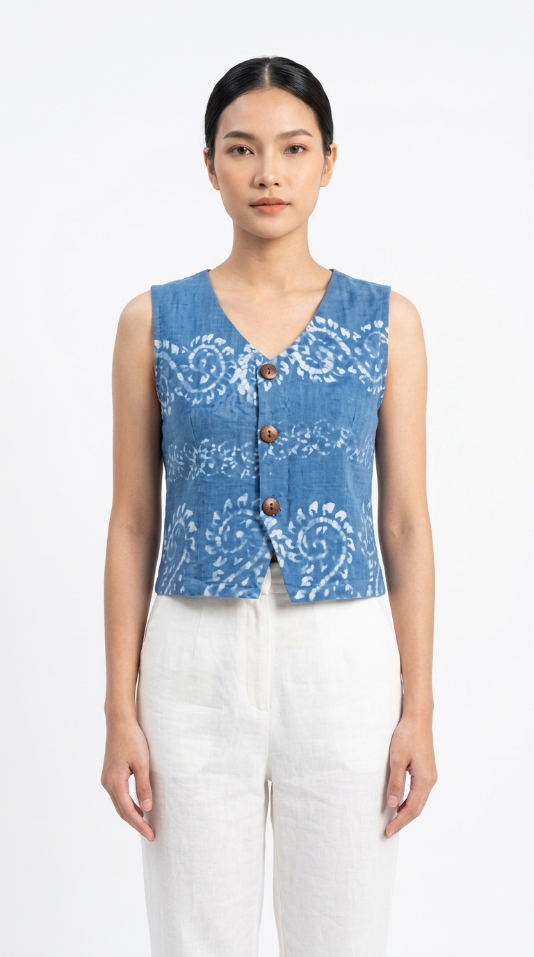 เสื้อกั๊กครอปผ้าย้อมครามพิมพ์ลายปาเต๊ะโบราณ (Indigo Batik Print Linen Vest) - Image 4