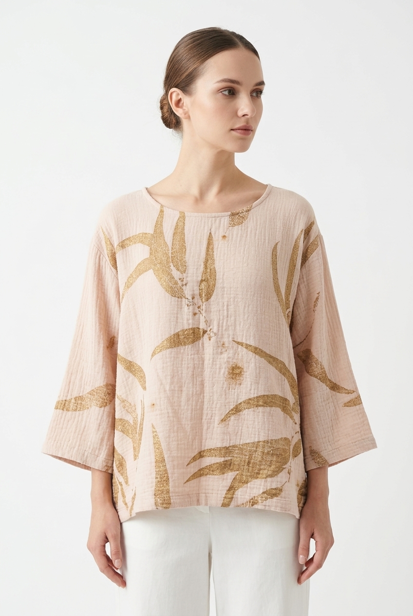 เสื้อเบลาส์ผ้าฝ้ายทรงหลวมพิมพ์ลายใบไม้ออร์แกนิก (Eco-Print Botanical Crinkle Linen Blouse)