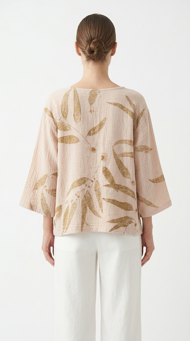 เสื้อเบลาส์ผ้าฝ้ายทรงหลวมพิมพ์ลายใบไม้ออร์แกนิก (Eco-Print Botanical Crinkle Linen Blouse) - Image 2
