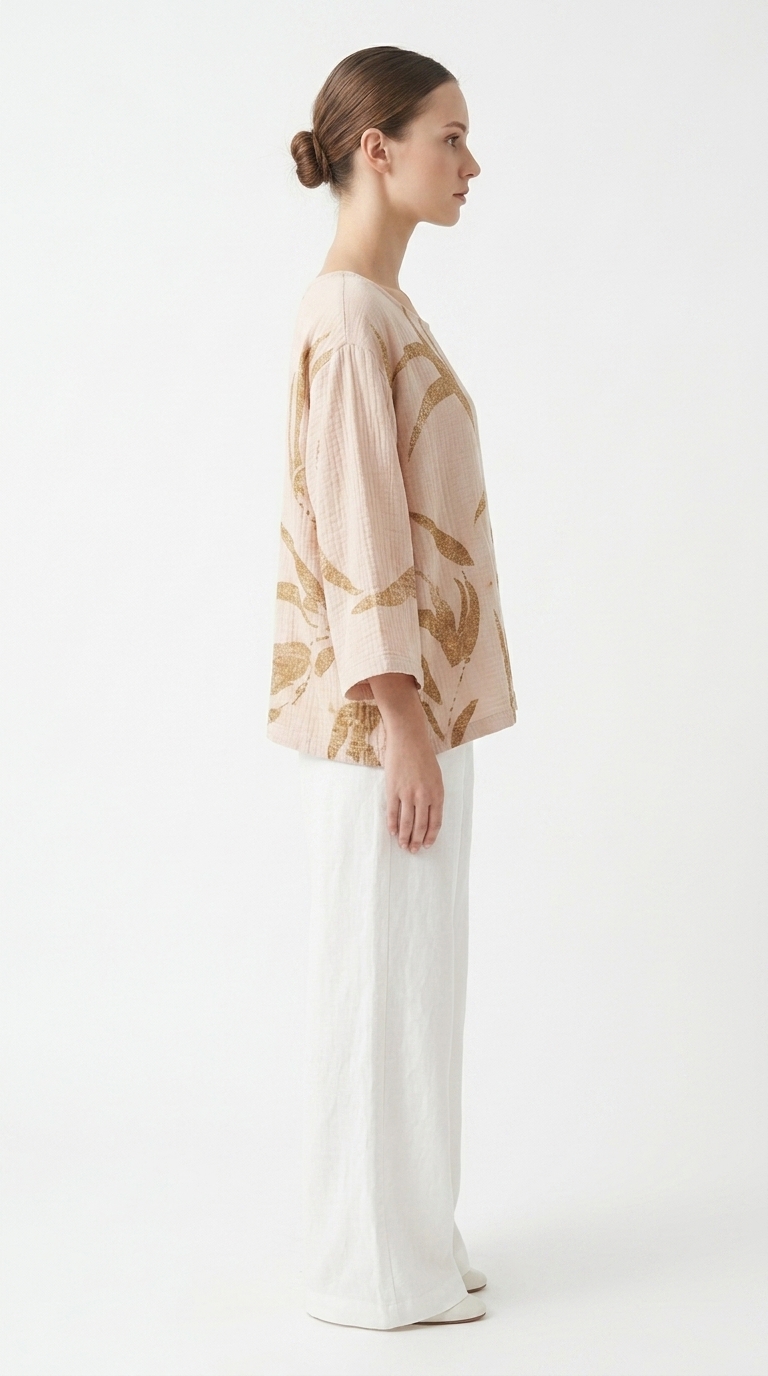 เสื้อเบลาส์ผ้าฝ้ายทรงหลวมพิมพ์ลายใบไม้ออร์แกนิก (Eco-Print Botanical Crinkle Linen Blouse) - Image 3