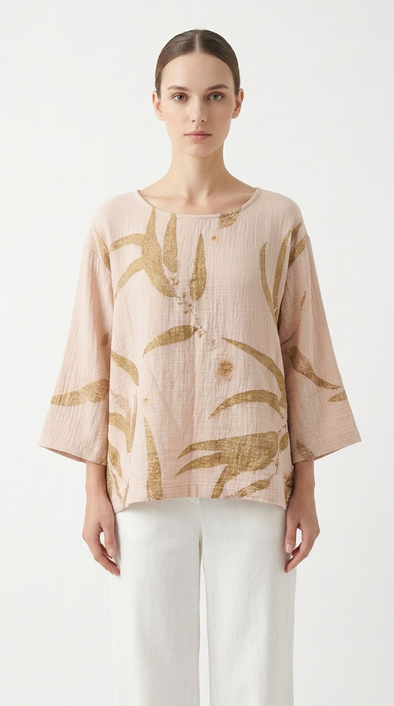 เสื้อเบลาส์ผ้าฝ้ายทรงหลวมพิมพ์ลายใบไม้ออร์แกนิก (Eco-Print Botanical Crinkle Linen Blouse) - Image 4