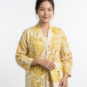 เสื้อคลุมกิโมโนผ้าฝ้ายพิมพ์ลายพฤกษาธรรมชาติสีมัสตาร์ด (Eco-Printed Botanical Golden Kimono Jacket)