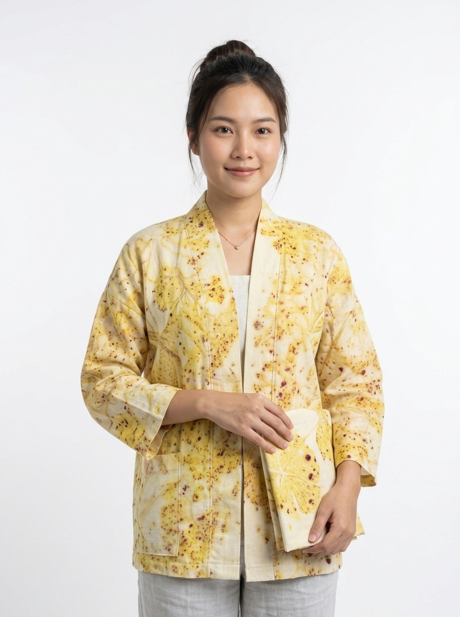 เสื้อคลุมกิโมโนผ้าฝ้ายพิมพ์ลายพฤกษาธรรมชาติสีมัสตาร์ด (Eco-Printed Botanical Golden Kimono Jacket)