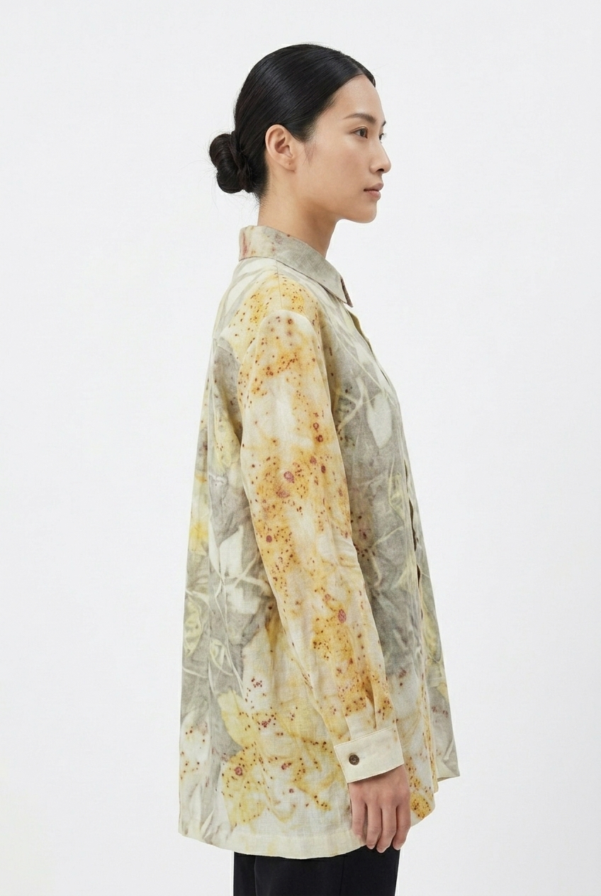 เสื้อเชิ้ตแขนยาวผ้าลินินพิมพ์ลายพฤกษาธรรมชาติ (Eco-Printed Botanical Earth-Tone Shirt) - Image 3