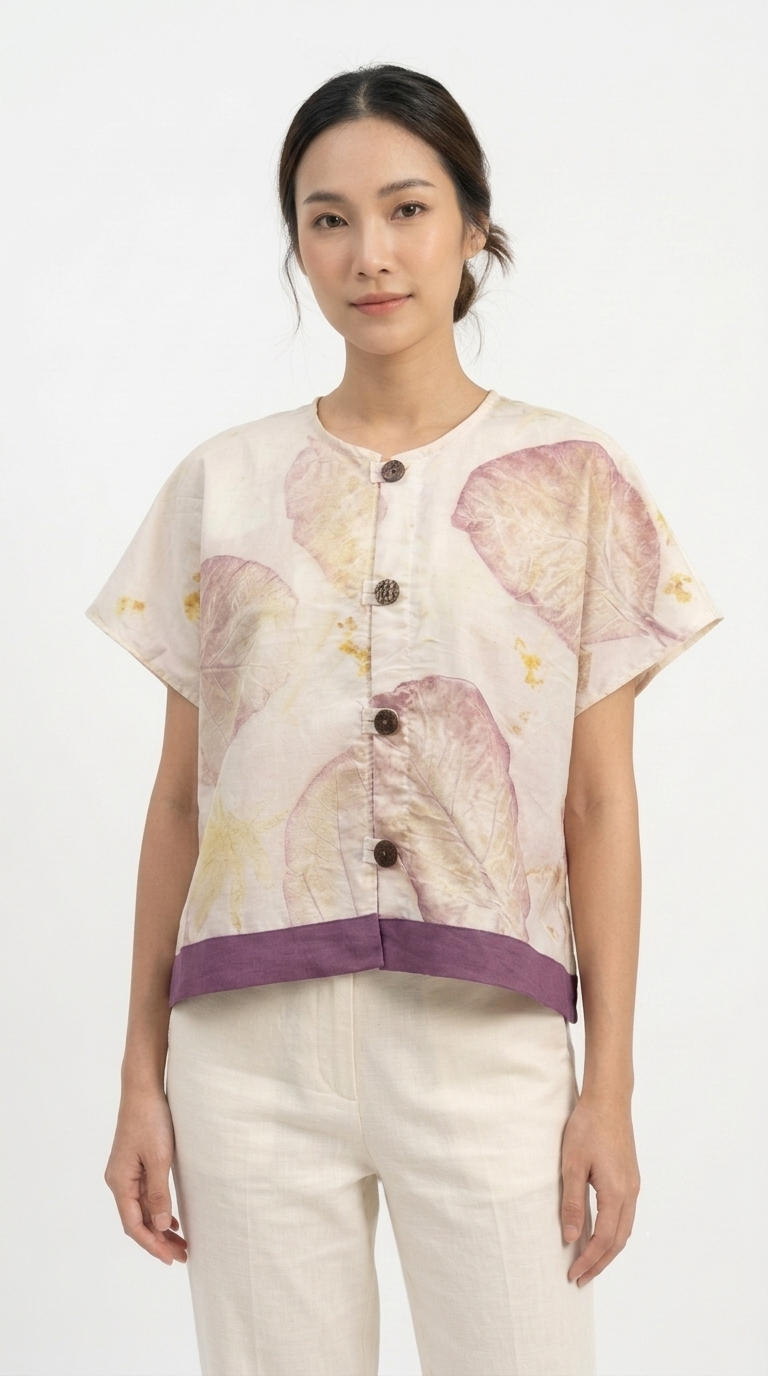 เสื้อเบลาส์คอกลมแขนสั้นผ้าฝ้ายพิมพ์ลายพฤกษาธรรมชาติกุ๊บขอบม่วง (Eco-Printed Purple Trim Botanical Blouse)
