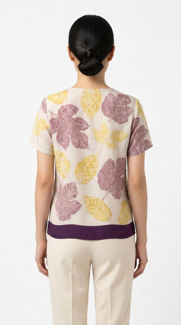 เสื้อเบลาส์คอกลมแขนสั้นผ้าฝ้ายพิมพ์ลายพฤกษาธรรมชาติกุ๊บขอบม่วง (Eco-Printed Purple Trim Botanical Blouse) - Image 3